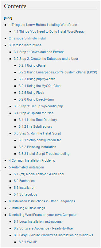 wp install page table of contents